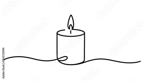 Single line drawing of a lit candle on a surface
