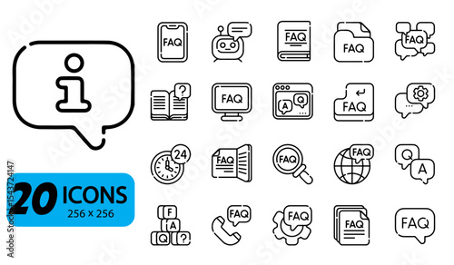 FAQ Icons Set: Frequently Asked Questions, Help, and Support Line Art