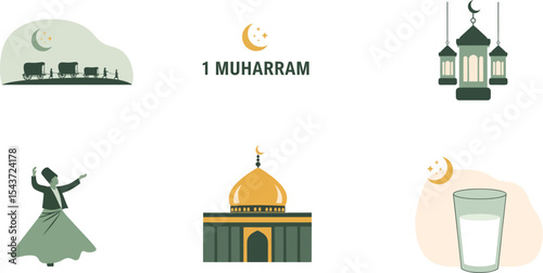vector set of islamic 1 muharram religious symbols