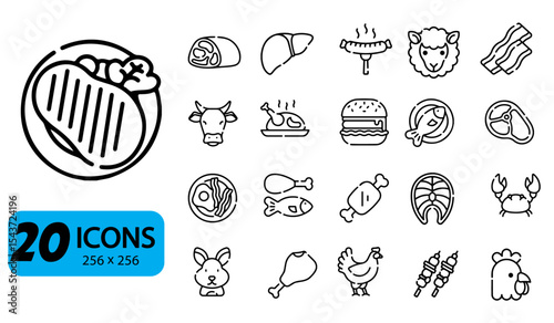 Meat & Seafood Icons: Restaurant Menu, Butcher Shop, Food Delivery UI/UX