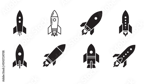 Collection of eight black and white rocket ship illustrations for space exploration and technology