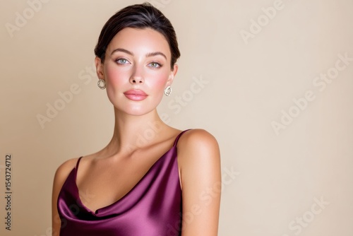 Fashion model posing in elegant purple satin dress with cowl neck