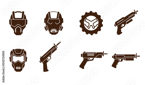 Collection of futuristic gear and weapons silhouettes representing cyberpunk military and technology concepts