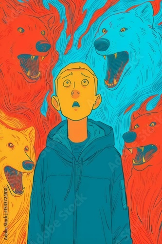 man surrounded by colorful animal spirits. Surreal illustration of inner fears and anxieties. Psychological concept artwork depicting mental health struggles and emotional turmoil.