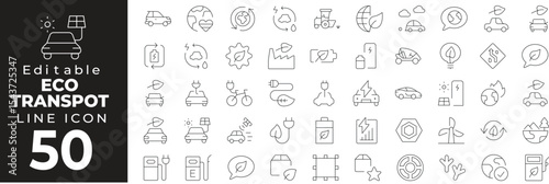 Eco transport set of web icons in line style. Sustainable and green transportation linear icon collection. Containing electric car, bicycle, scooter, public transit, charging station, carpool
