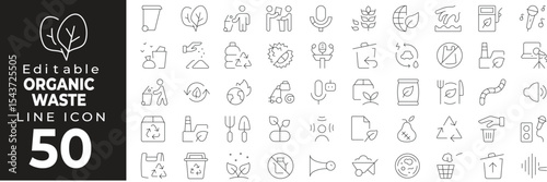 Organic waste set of web icons in line style. Biodegradable and compost linear icon collection. Containing food scraps, leaves, compost bin, recycling, eco-friendly, garden waste, decay and more.