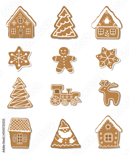 Christmas Cookies Set. Gingerbread Cookie Collection. Gingerbread House, Gingerbread Man, Deer, Santa Claus, Fir Tree, Star, Train. Vector Illustration on White Background