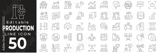 Production set of web icons in line style. Manufacturing and industry linear icon collection. Containing factory, assembly line, machinery, conveyor belt, quality control, packaging, labor and more.