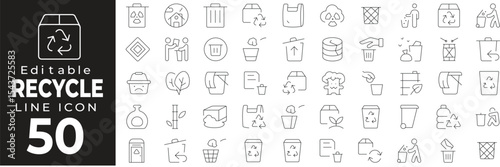 Recycle set of web icons in line style. Sustainability and environment linear icon collection. Containing recycling bin, circular arrows, eco-friendly, waste management, green energy and more