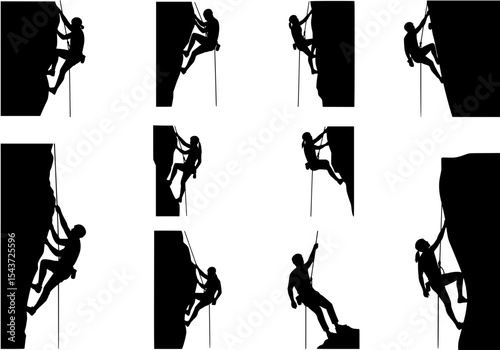 Vector silhouettes of rock climbers ascending a cliff face, isolated on white background