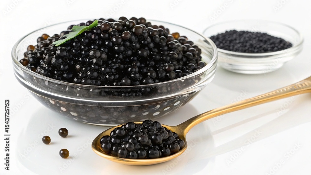 Black caviar in glass bowl and gold spoon, gourmet food Black caviar in glass bowl and gold spoon, gourmet food