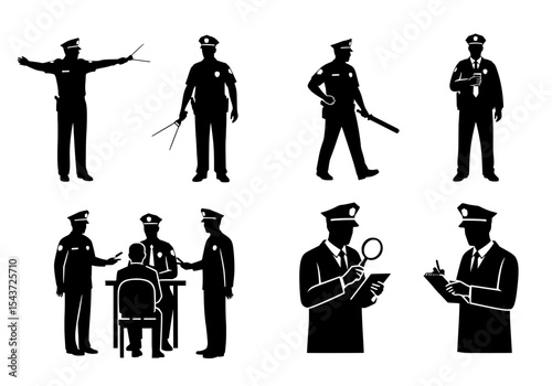 Vector various police officer silhouettes in different actions isolated on white background