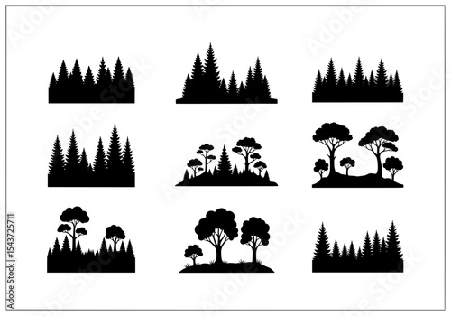 Vector collection of various tree silhouettes isolated on white background