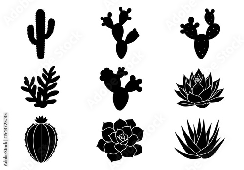 Vector a collection of cactus and succulent silhouettes isolated on white background