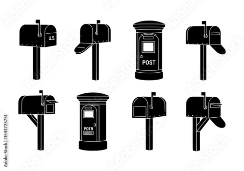 Vector various mailbox and postbox silhouettes isolated on white background