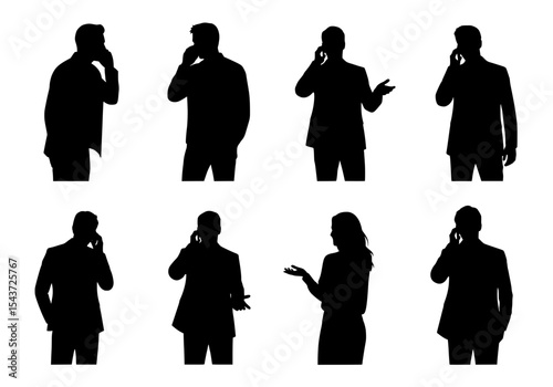 Vector silhouettes of business people on phone calls isolated on white background