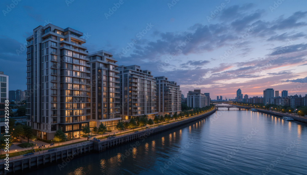 Fototapeta premium Modern apartment buildings line a river at twilight, showcasing urban development.
