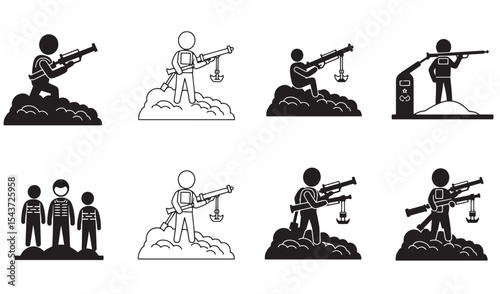 Illustrated collection of black silhouette soldiers posing with artillery and war tactics