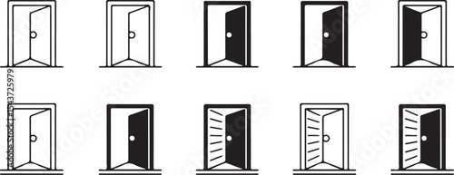 Collection of modern open door icon illustrations in linear and filled styles