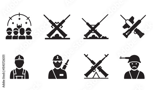 Military and war themed icon set featuring soldiers weapons and conflict related elements