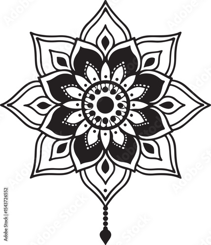 Intricate Floral Mandala Design A Symmetrical Black and White Illustration with Delicate Petals and Geometric Patterns for Meditative Coloring