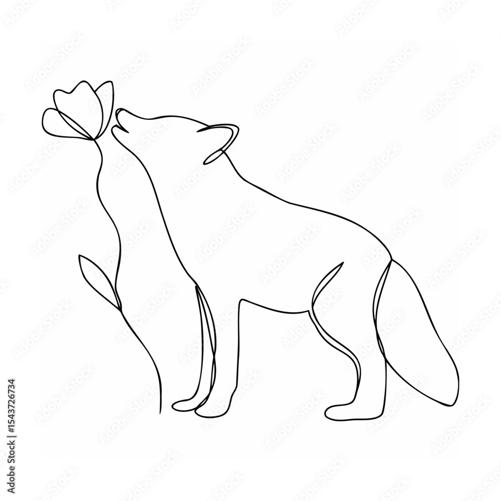 Obraz premium Single Line Art Fox Sniffing Flower Black White Minimalist