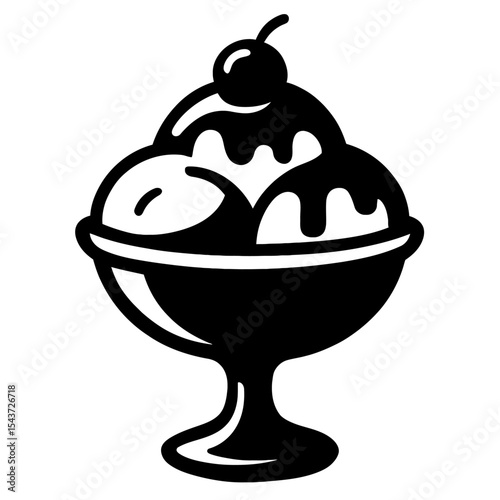 Classic Black and White Vector Illustration of an Ice Cream Sundae with Cherry Topping