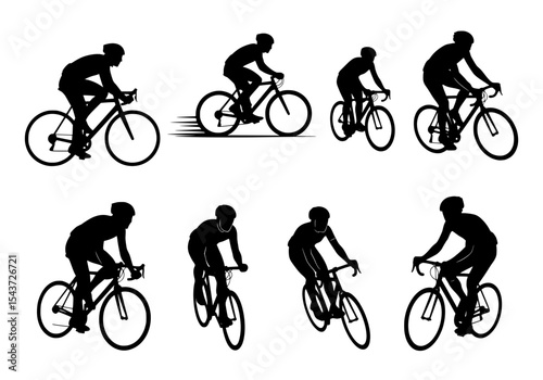 Vector silhouettes of cyclists riding bicycles isolated on white background