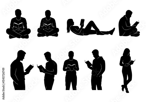 Vector silhouettes of people reading books in various poses isolated on white background