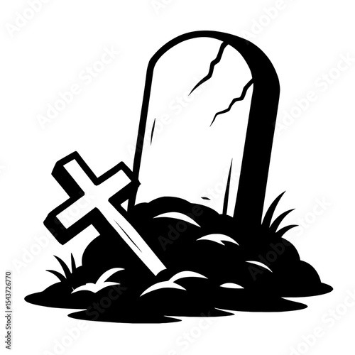 Somber Black and White Vector Illustration of a Tombstone and Cross on a Grave
