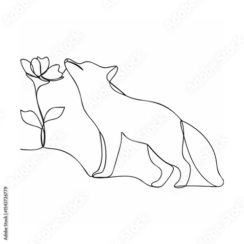 Single Line Drawing Fox Sniffing Flower Minimalist Black Ink Art