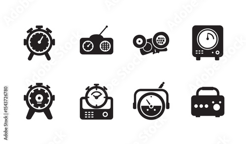 Set of black and white timekeeping and audio device icons for design and presentation