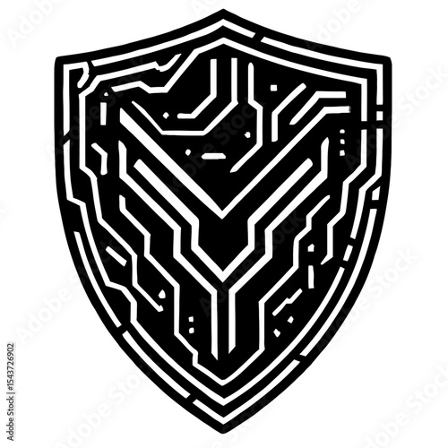 Black and White Vector Shield with Circuit Board Design for Cybersecurity and Data Protection