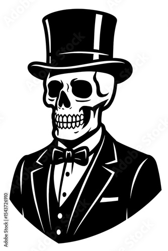 Elegant Black and White Vector Illustration of a Skeleton in a Top Hat and Suit
