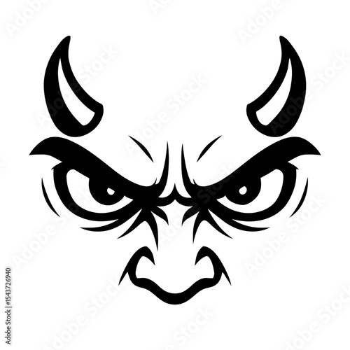 Intense Black and White Vector Illustration of an Angry Devil Face with Horns
