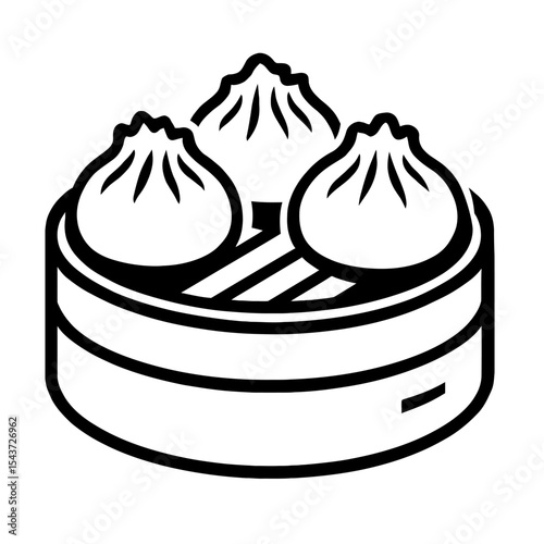Traditional Dim Sum Dumplings in Steamer Basket - Black and White Vector Icon for Asian Cuisine