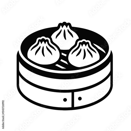 Traditional Dim Sum Dumplings in Steamer Basket - Black and White Vector Icon for Asian Cuisine
