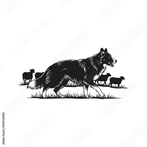 Border Collie Herding Sheep  Black and White Farm Animal Illustration