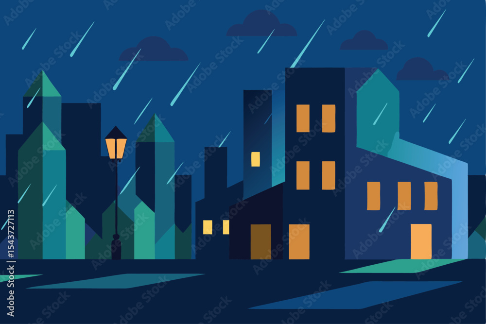 Fototapeta premium Urban Rainscape Geometric Cityscape in a Downpour under Streetlight, a serene and visually striking illustration of a rainy urban scene. 