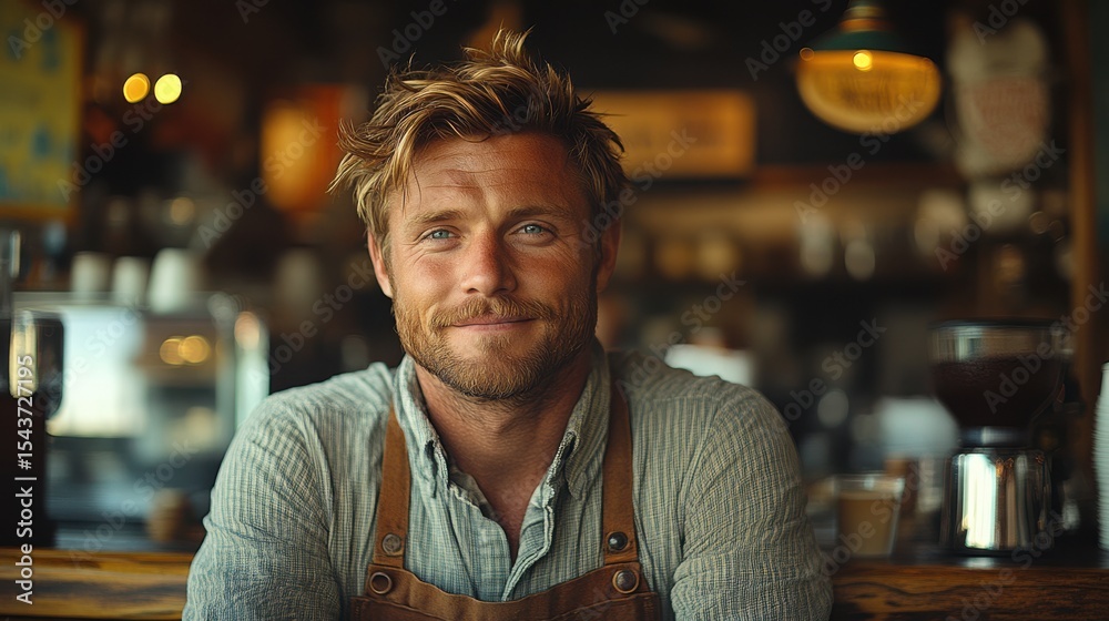 Obraz premium A Smiling Barista at Work in His Coffee Shop