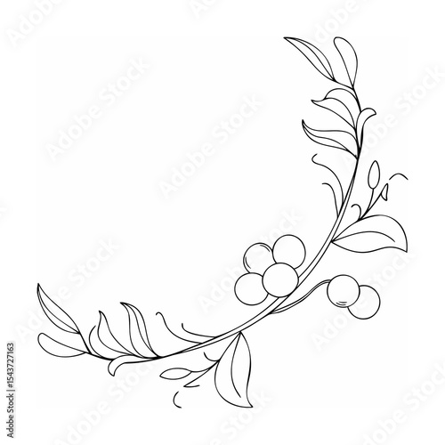 Black Line Art Branch with Berries and Leaves Corner Design Element