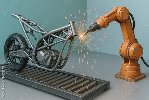 Automated welding process enhancing precision and efficiency in motorcycle production within the automotive industry.