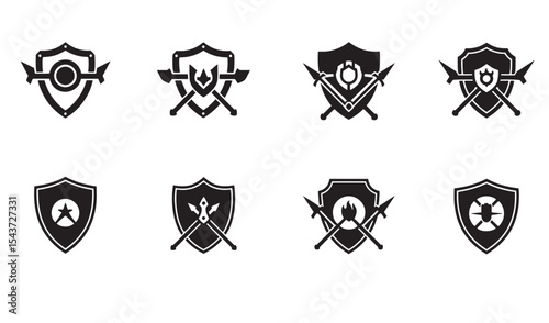 Set of eight black shield icons with various weapons and decorative elements