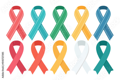 Collection of ten colorful awareness ribbons displayed on a white background in a pattern