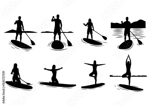 Vector silhouettes of people paddle boarding and doing yoga on a lake isolated on white background