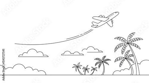 Airplane flying over tropical island scene