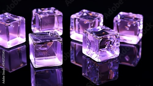 Closeup of Illuminated Glass Ice Cubes Glowing with Purple Light on Black Background