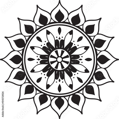 Circular Mandala Design with Floral Petals, Geometric Patterns, and Symmetrical Shapes in a Black and White Vector Illustration