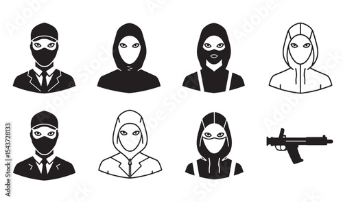 Silhouette illustrations of masked people depicting criminals or secret agents wearing balaclavas and hoodies