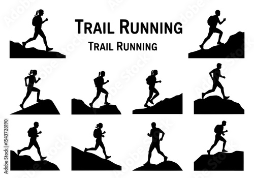 Vector silhouettes of trail runners on mountain trails isolated on white background